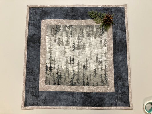 Winter Snowy Trees Quilted Large Square Table Topper, 18x18" Reversible Nightstand Coffee End Table Cabincore Mountain Minimalist Gray Black