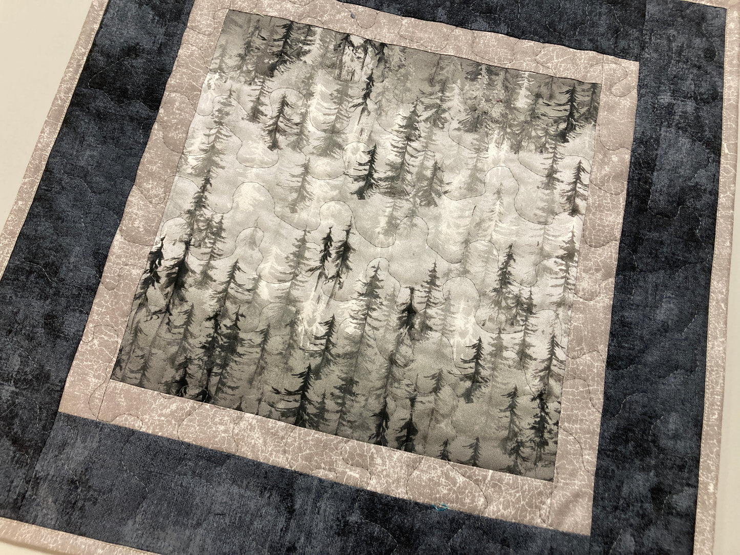 Winter Snowy Trees Quilted Large Square Table Topper, 18x18" Reversible Nightstand Coffee End Table Cabincore Mountain Minimalist Gray Black