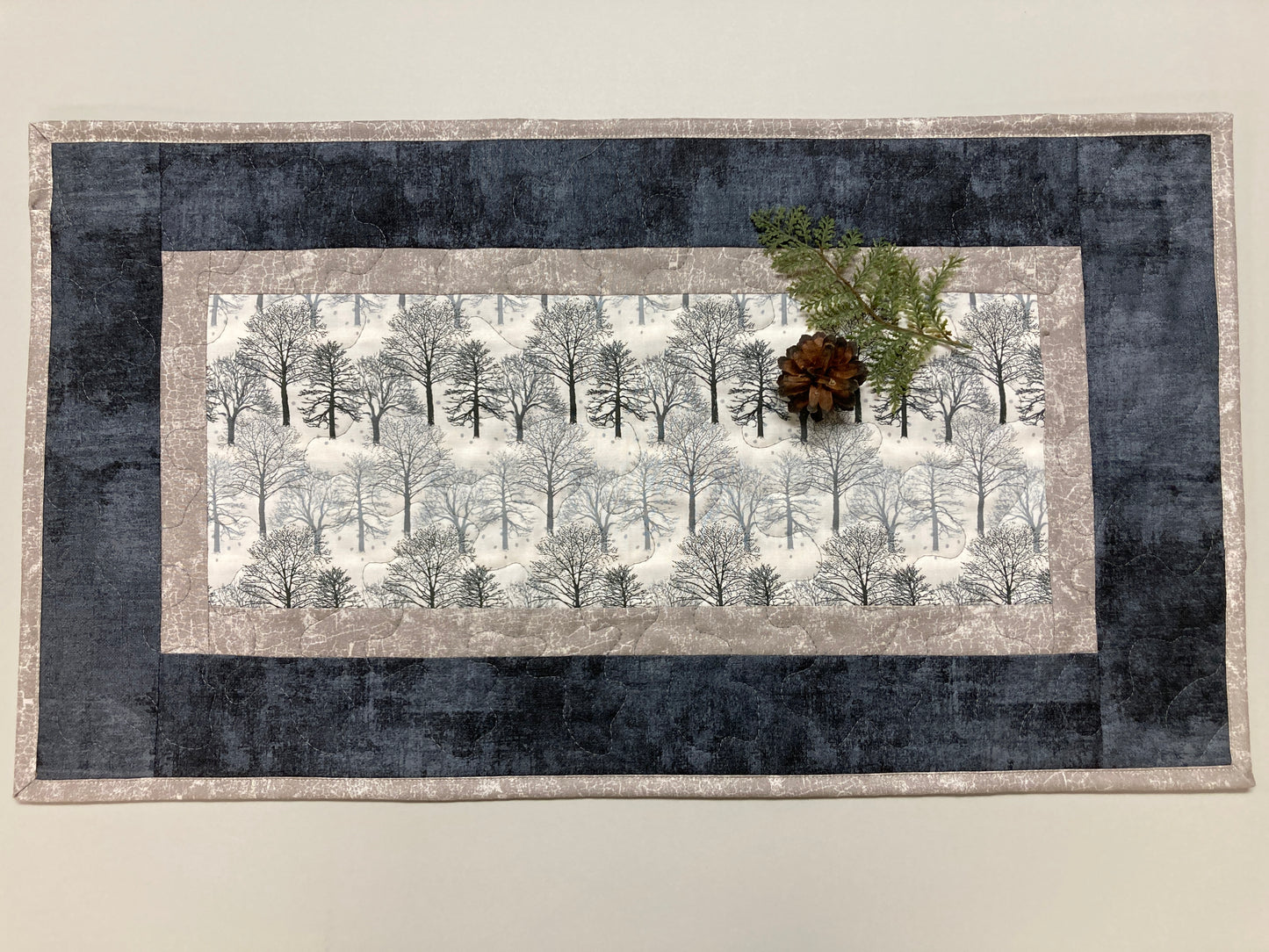 Winter White Trees and Snowflakes Quilted Dining Table Runner, 14x24 Reversible, Gray Coffee End Table Cabin Everyday Woods Mountains