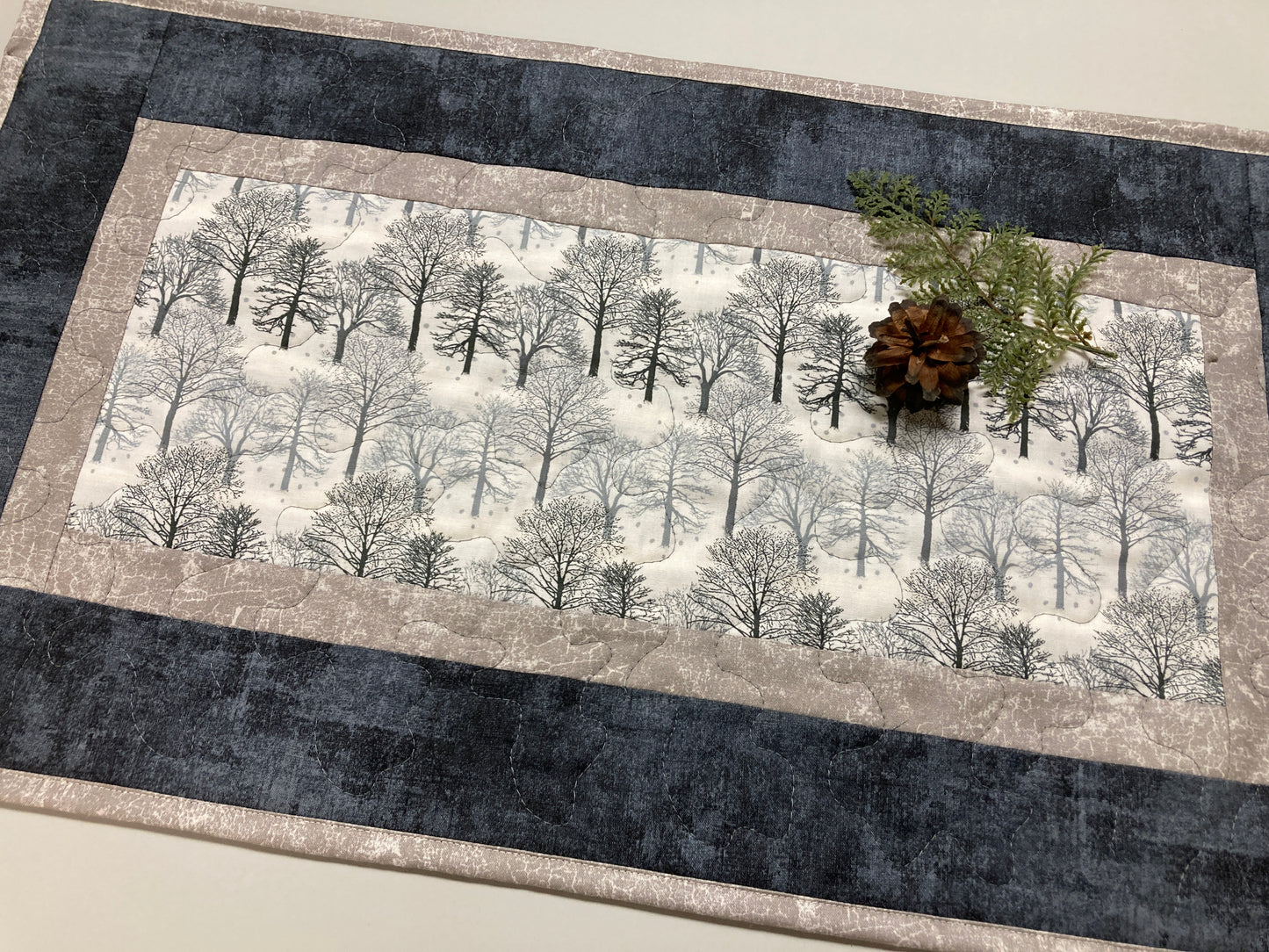 Winter White Trees and Snowflakes Quilted Dining Table Runner, 14x24 Reversible, Gray Coffee End Table Cabin Everyday Woods Mountains