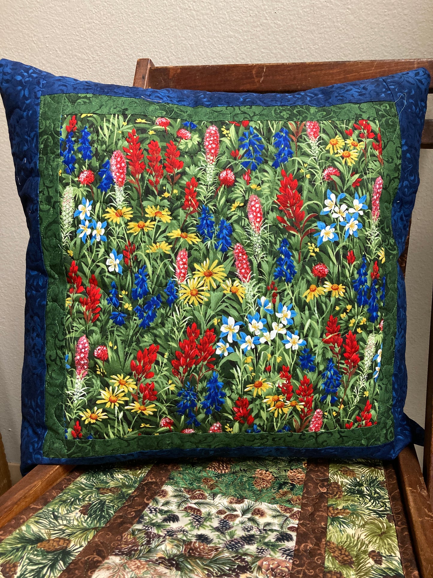 Wildflowers Decorative Throw Pillow 20x20" Cotton, Texas Flowers Blue Bonnets Yellow Indian Paintbrush Flowers, Sofa, Bed, Chair or Bench