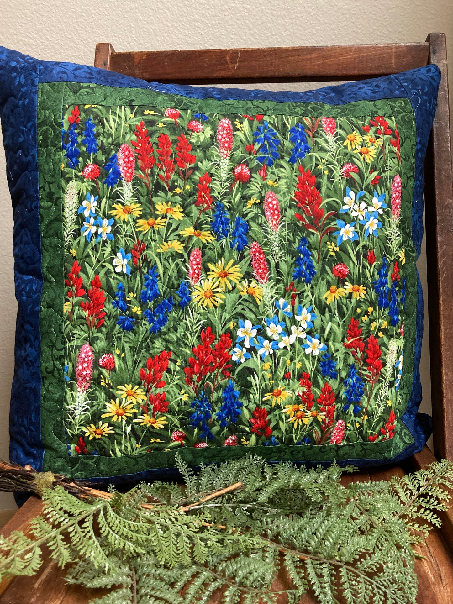 Wildflowers Decorative Throw Pillow 20x20" Cotton, Texas Flowers Blue Bonnets Yellow Indian Paintbrush Flowers, Sofa, Bed, Chair or Bench