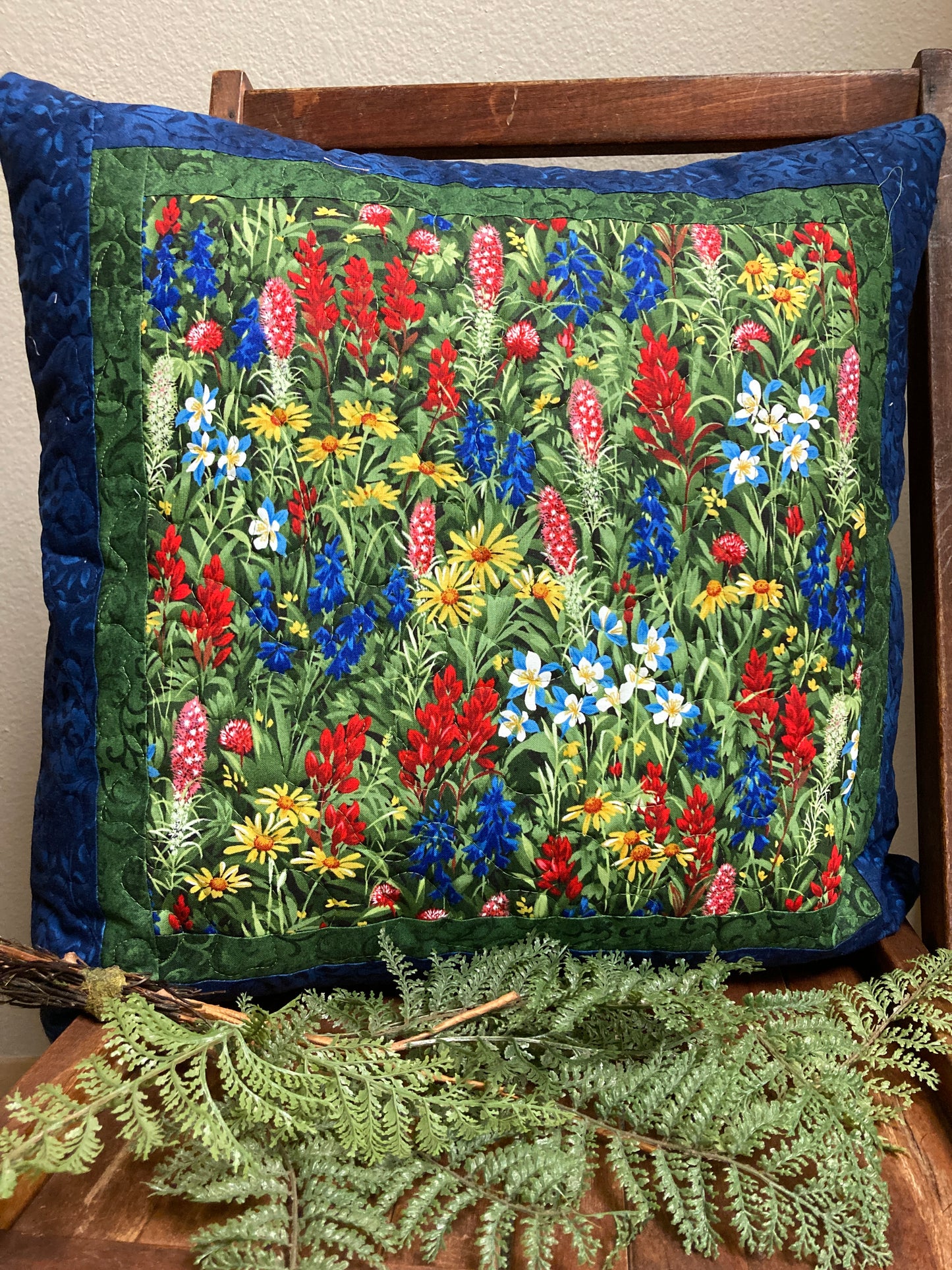 Wildflowers Decorative Throw Pillow 20x20" Cotton, Texas Flowers Blue Bonnets Yellow Indian Paintbrush Flowers, Sofa, Bed, Chair or Bench