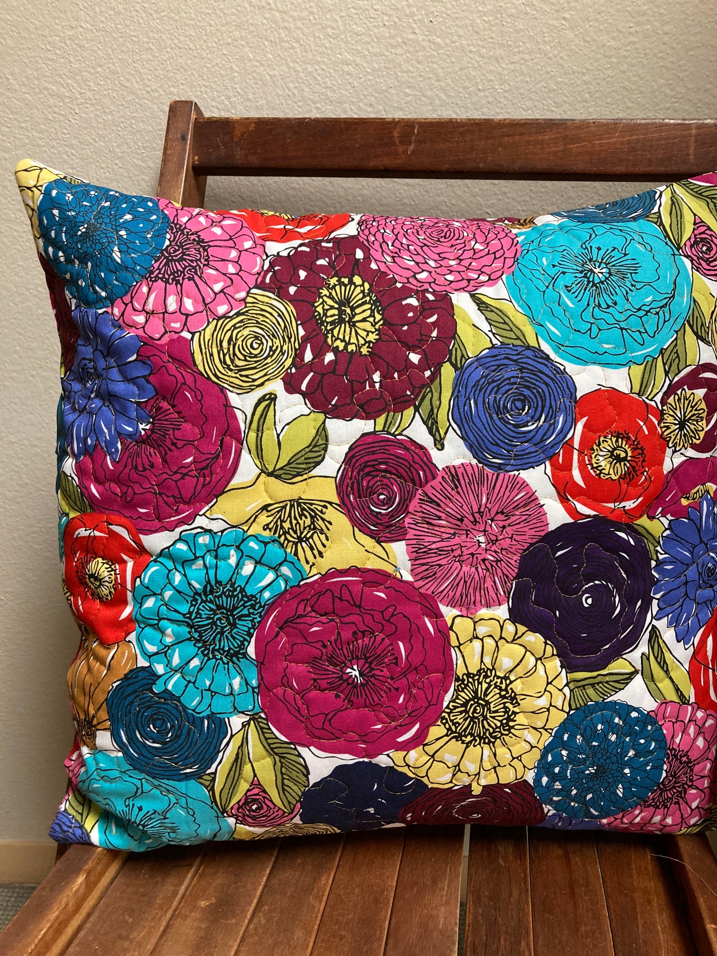 Modern Flower Bold Bright Quilted Fabric Art Pillow, 18x18" Sofa Chair Bedroom Living Room Couch Designer Chic Blue Yellow Red Throw Pillow