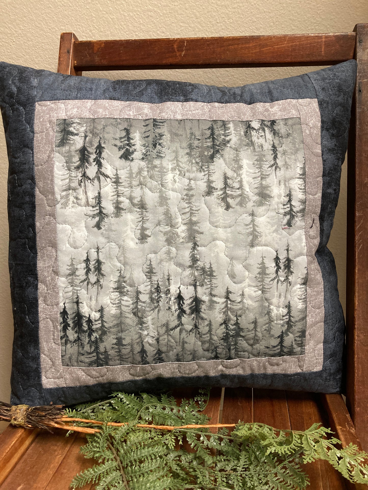 Winter Trees Gray Decorative Pillow 18x18" Cotton, Woods Cabin Lodge Bedroom Living Room, Sofa Chair Mountain Everyday Decor Handmade