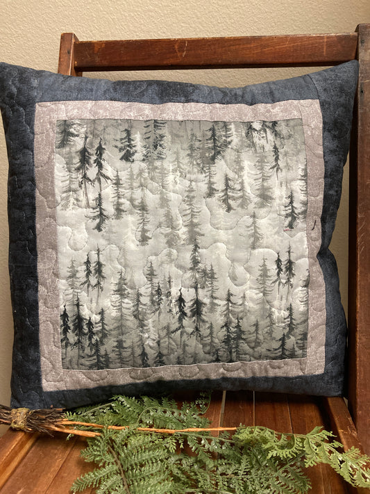 Winter Trees Gray Decorative Pillow 18x18" Cotton, Woods Cabin Lodge Bedroom Living Room, Sofa Chair Mountain Everyday Decor Handmade