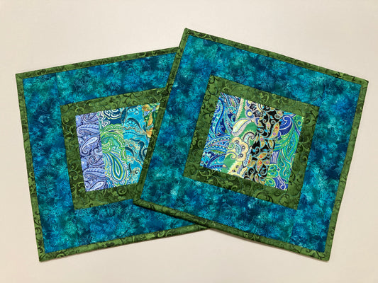 Paisley Abstract Colorful Quilted Table Toppers, 13x12.5" Set of (2) Small Coffee End Table Mats, Reversible Blue Gold Green Artistic