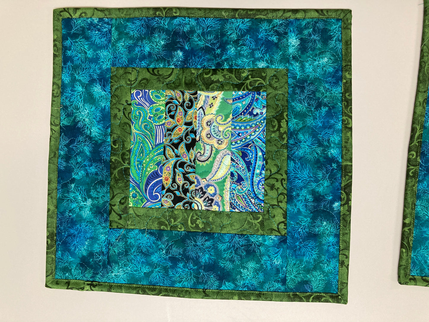 Paisley Abstract Colorful Quilted Table Toppers, 13x12.5" Set of (2) Small Coffee End Table Mats, Reversible Blue Gold Green Artistic