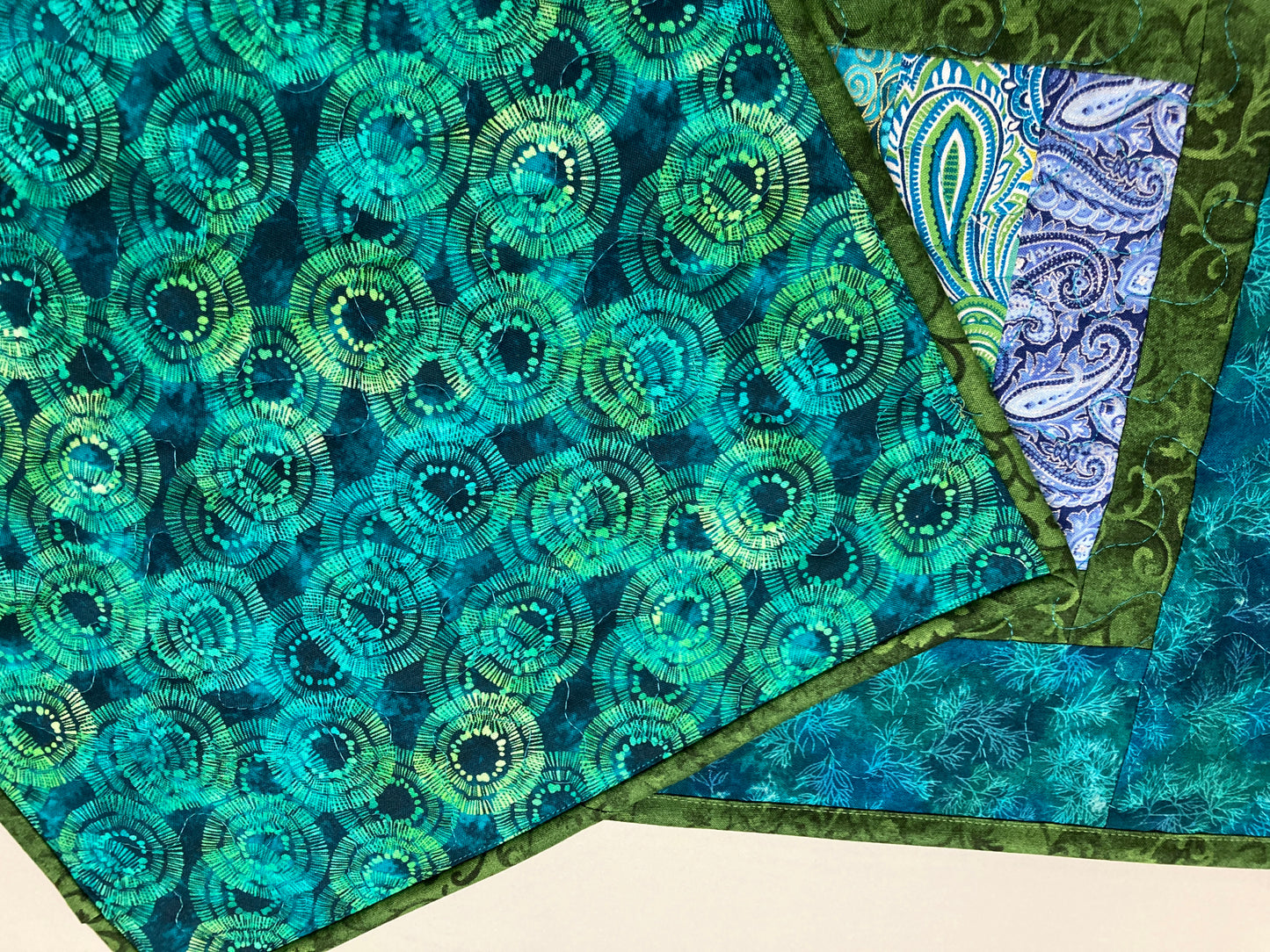 Paisley Abstract Colorful Quilted Table Toppers, 13x12.5" Set of (2) Small Coffee End Table Mats, Reversible Blue Gold Green Artistic