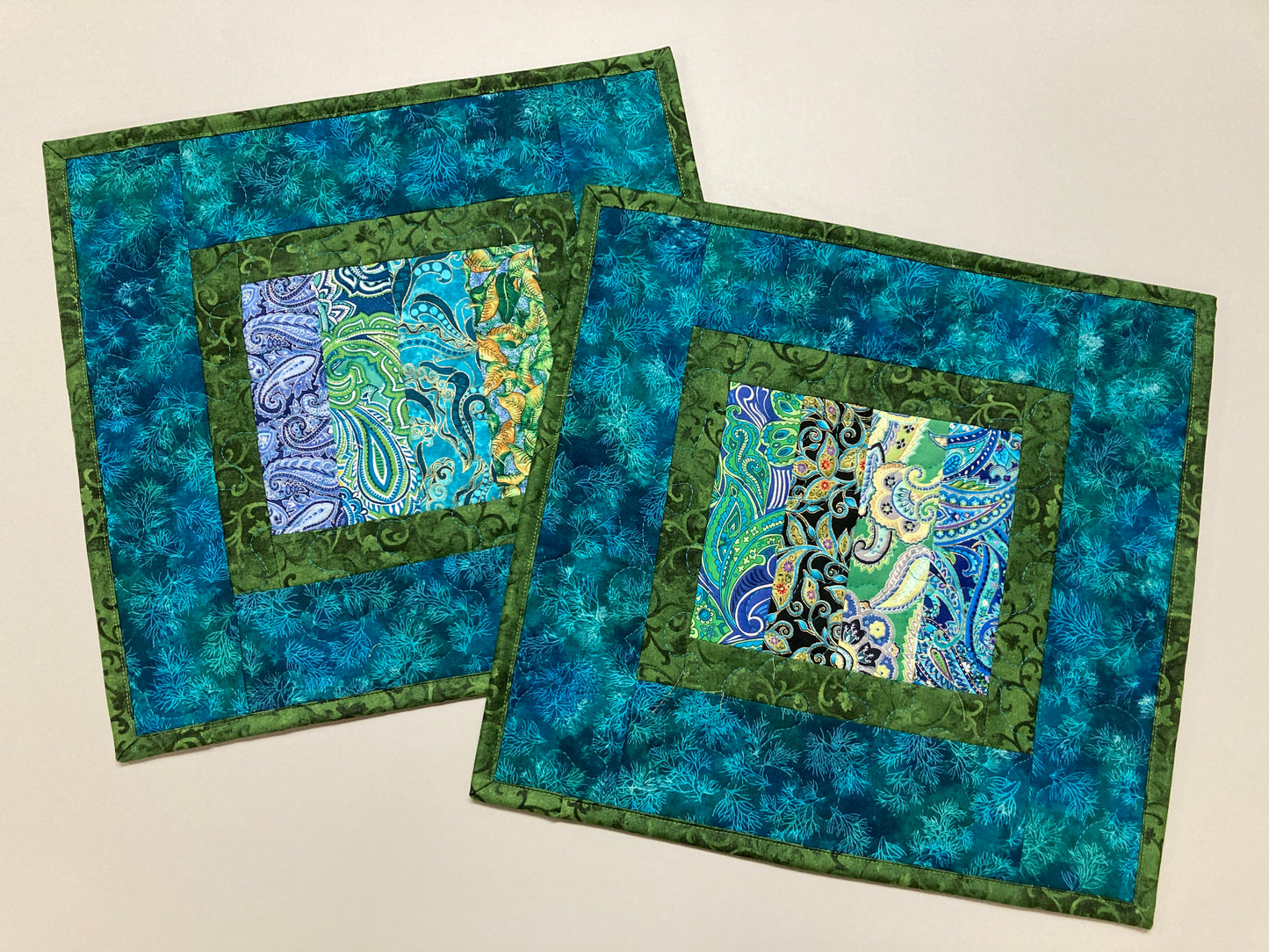 Paisley Abstract Colorful Quilted Table Toppers, 13x12.5" Set of (2) Small Coffee End Table Mats, Reversible Blue Gold Green Artistic