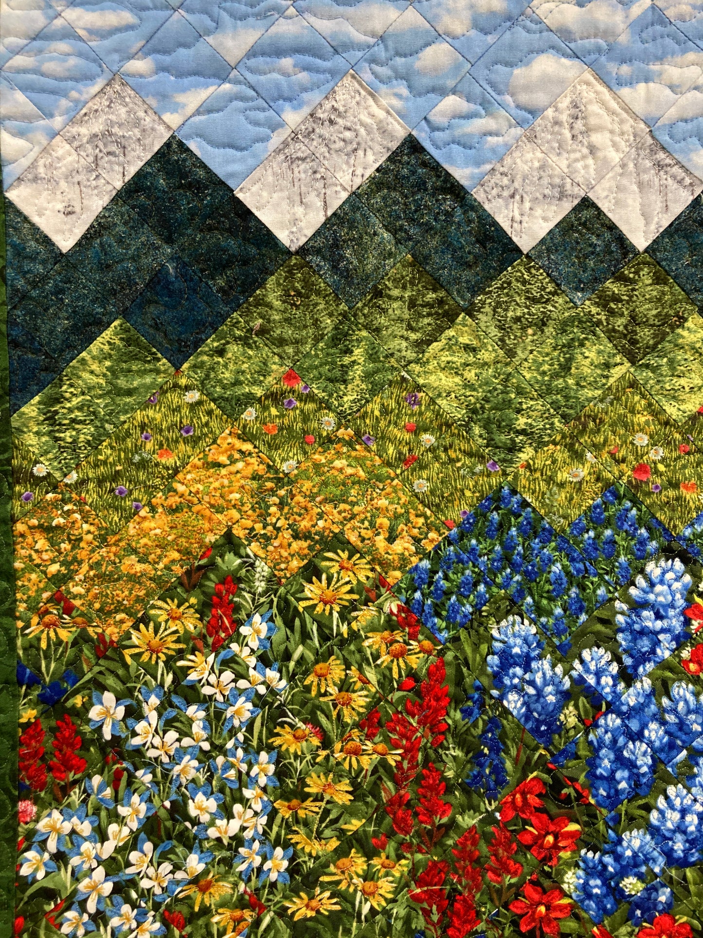 Wildflower Mountain Quilt Art Fabric Wall Hanging, Landscape Textile Art 21x28” Vertical Tapestry, Summer Blue Red Yellow Flowers Artwork