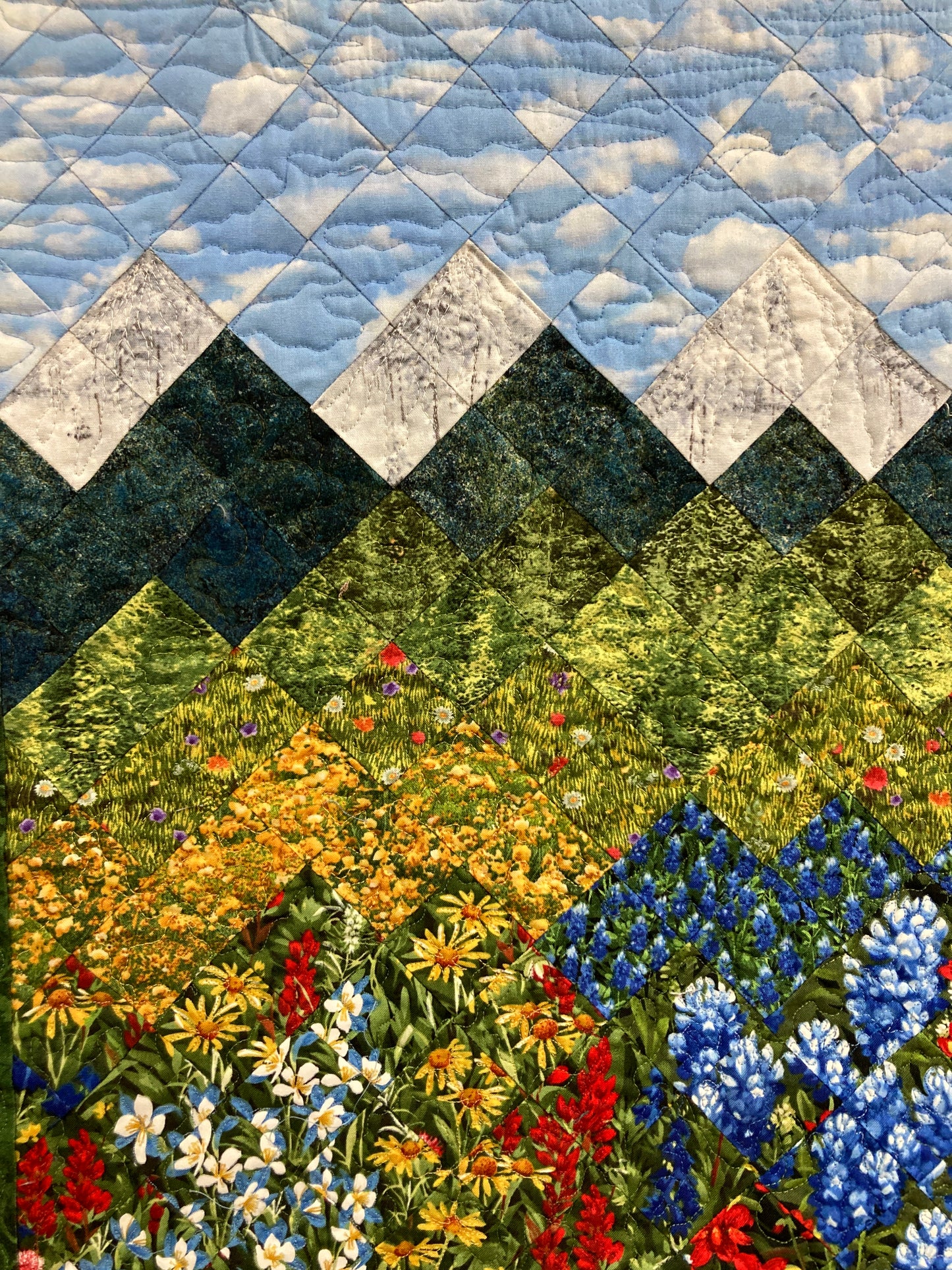 Wildflower Mountain Quilt Art Fabric Wall Hanging, Landscape Textile Art 21x28” Vertical Tapestry, Summer Blue Red Yellow Flowers Artwork