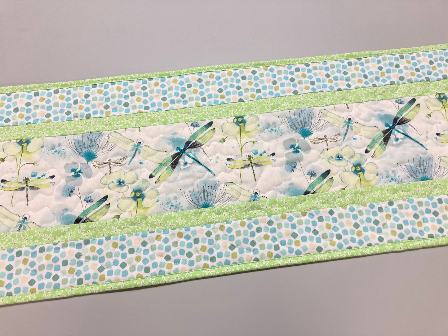 Pastel Blue Green Dragonflies Quilted Dining Table Runner, 13x48" Reversible, Coffee End Table, Easter Spring Summer Garden Handmade Decor