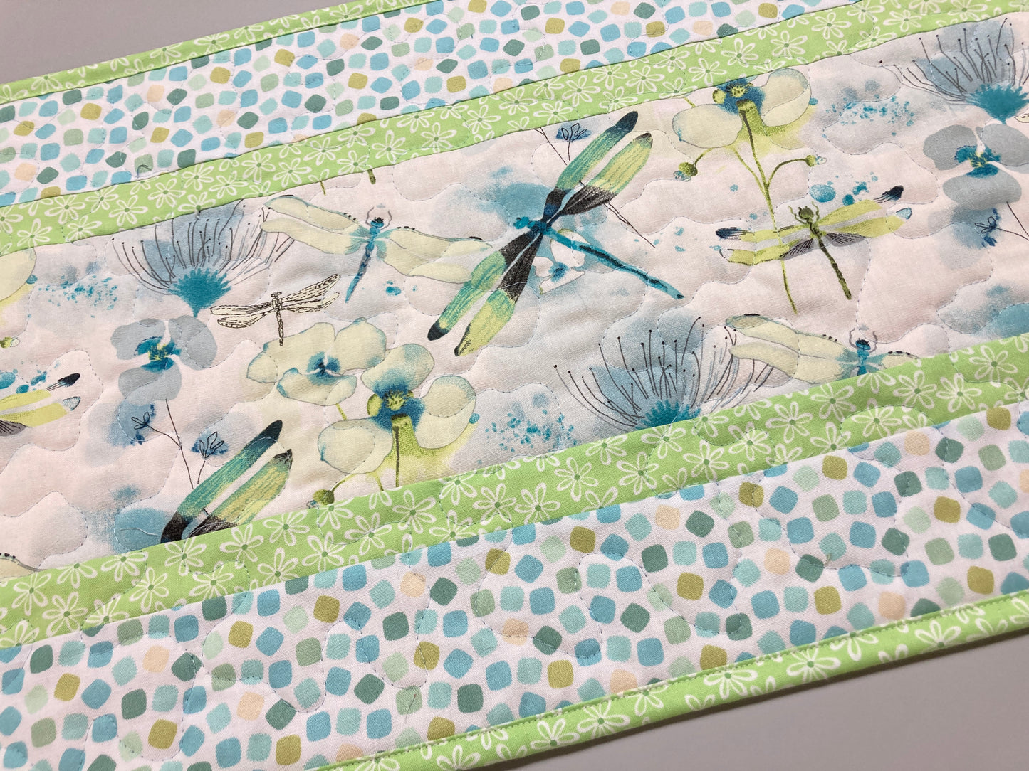 Pastel Blue Green Dragonflies Quilted Dining Table Runner, 13x48" Reversible, Coffee End Table, Easter Spring Summer Garden Handmade Decor