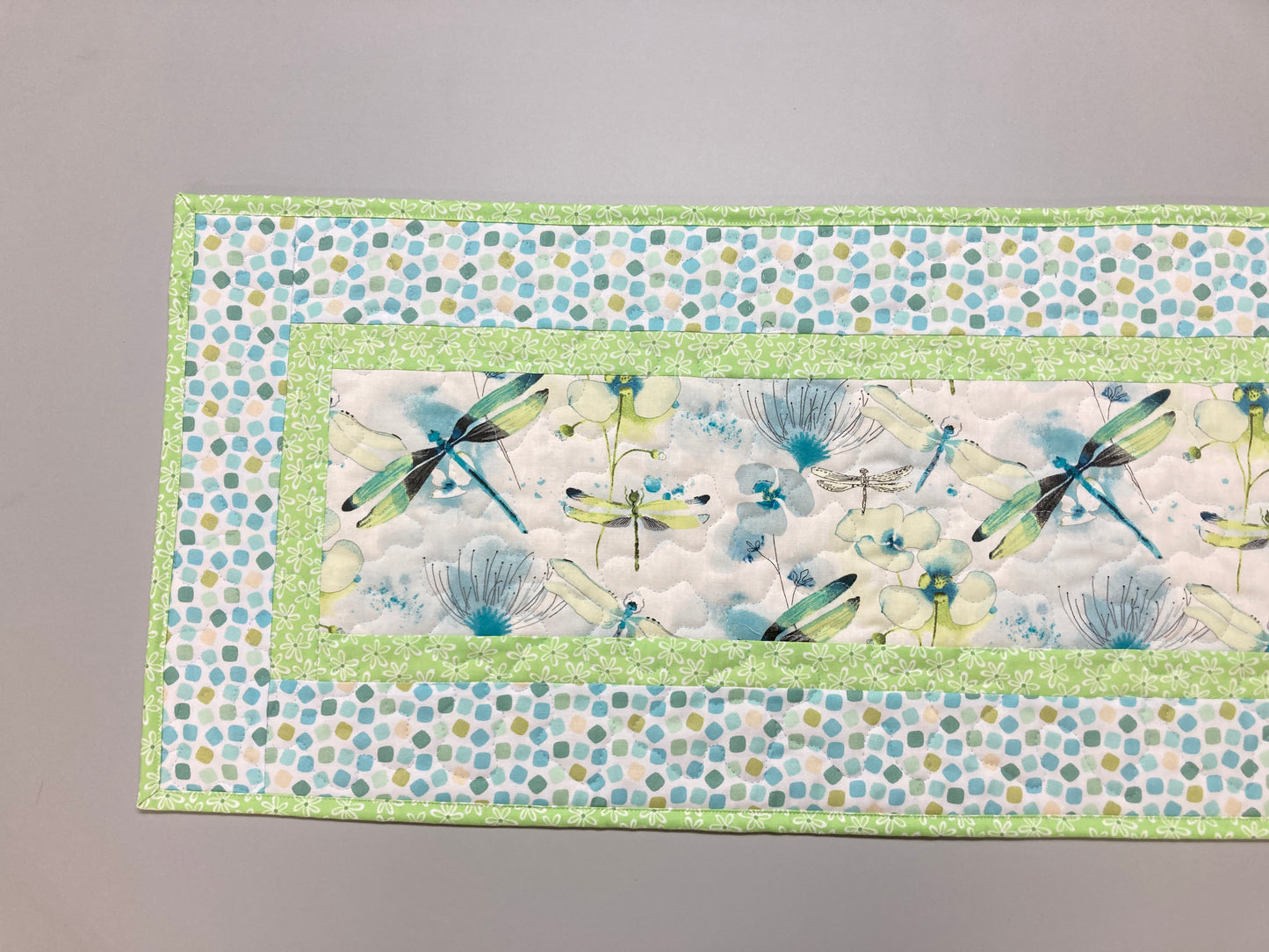 Pastel Blue Green Dragonflies Quilted Dining Table Runner, 13x48" Reversible, Coffee End Table, Easter Spring Summer Garden Handmade Decor