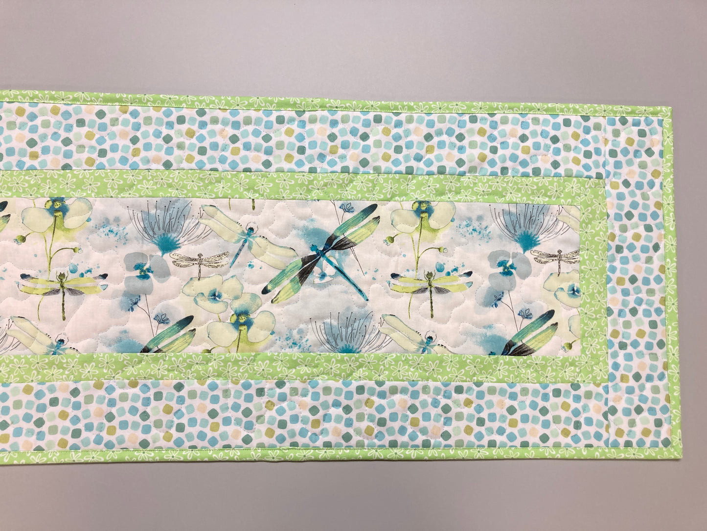 Pastel Blue Green Dragonflies Quilted Dining Table Runner, 13x48" Reversible, Coffee End Table, Easter Spring Summer Garden Handmade Decor