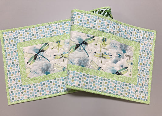 Pastel Blue Green Dragonflies Quilted Dining Table Runner, 13x48" Reversible, Coffee End Table, Easter Spring Summer Garden Handmade Decor