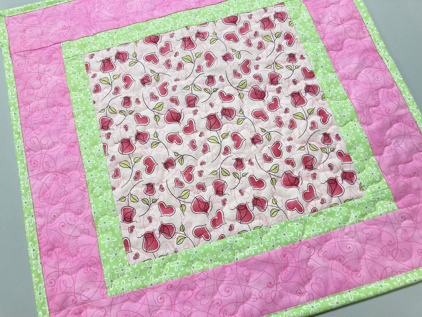 Pink Hearts and Flowers Valentine's Day Dining Table Topper, Hearts Quilted, Reversible Summer Spring, Coffee Table, 18x18" Handmade Easter