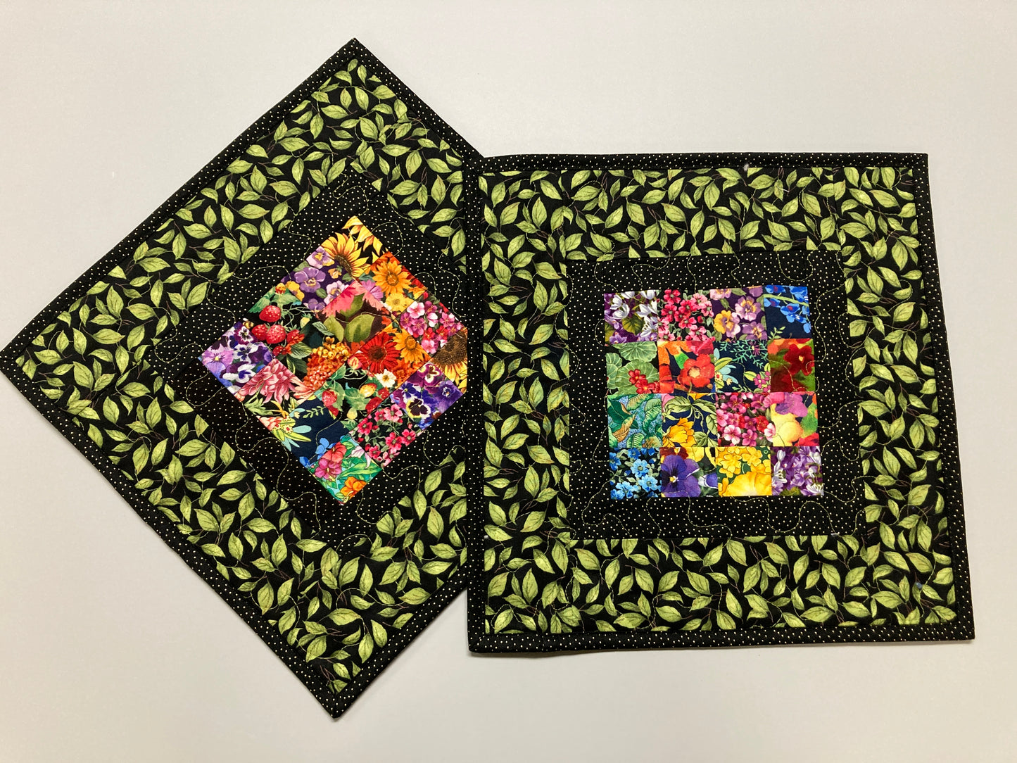 Garden Flowers Quilted Table Toppers, Set of Two (2) Small Square Coffee End Table, 14x14" Summer Everyday Kitchen Bright Nature Colorful Handmade Floral