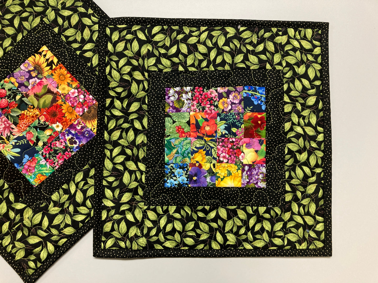 Garden Flowers Quilted Table Toppers, Set of Two (2) Small Square Coffee End Table, 14x14" Summer Everyday Kitchen Bright Nature Colorful Handmade Floral