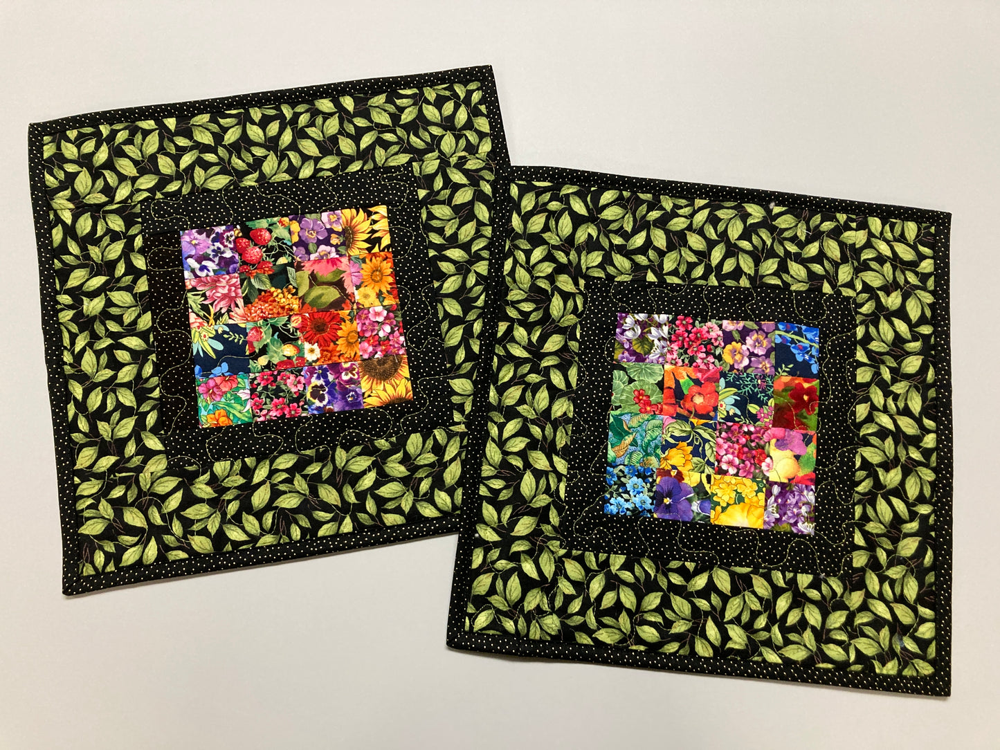 Garden Flowers Quilted Table Toppers, Set of Two (2) Small Square Coffee End Table, 14x14" Summer Everyday Kitchen Bright Nature Colorful Handmade Floral