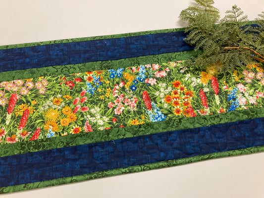 Summer Wildflowers Quilted Table Runner, 13x48" Yellow Red Blue Flowers, Dining Room Coffee Table Runner, Garden Floral Everyday Reversible