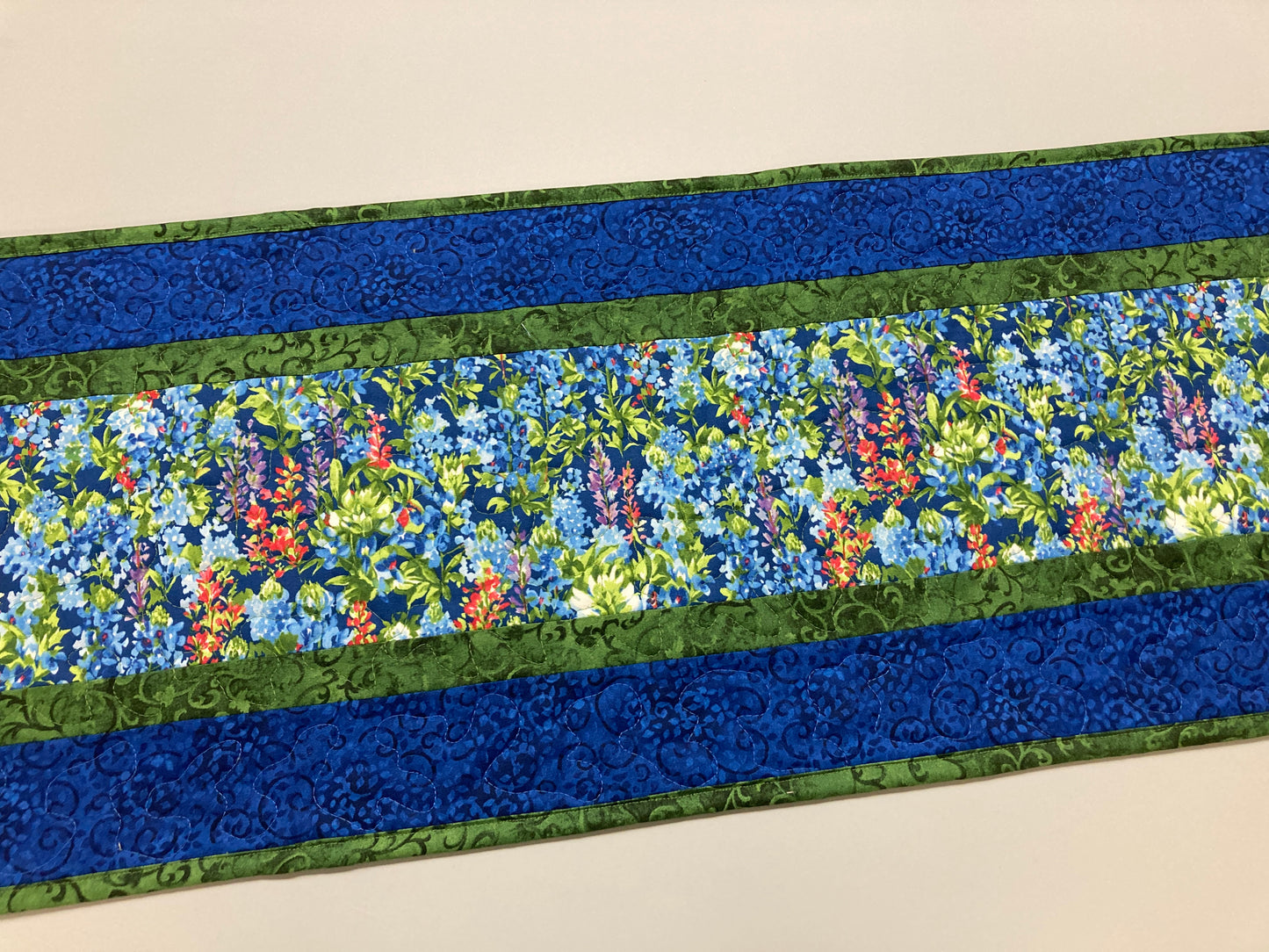 Summer Blue Bonnets Purple Red Wildflowers Quilted Table Runner, 13x48", Dining Room Coffee Table Runner, Garden Floral Everyday Reversible