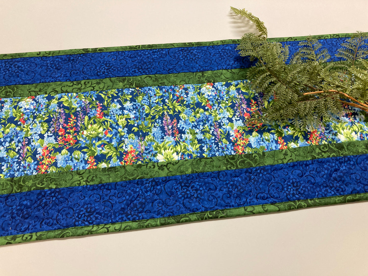 Summer Blue Bonnets Purple Red Wildflowers Quilted Table Runner, 13x48", Dining Room Coffee Table Runner, Garden Floral Everyday Reversible