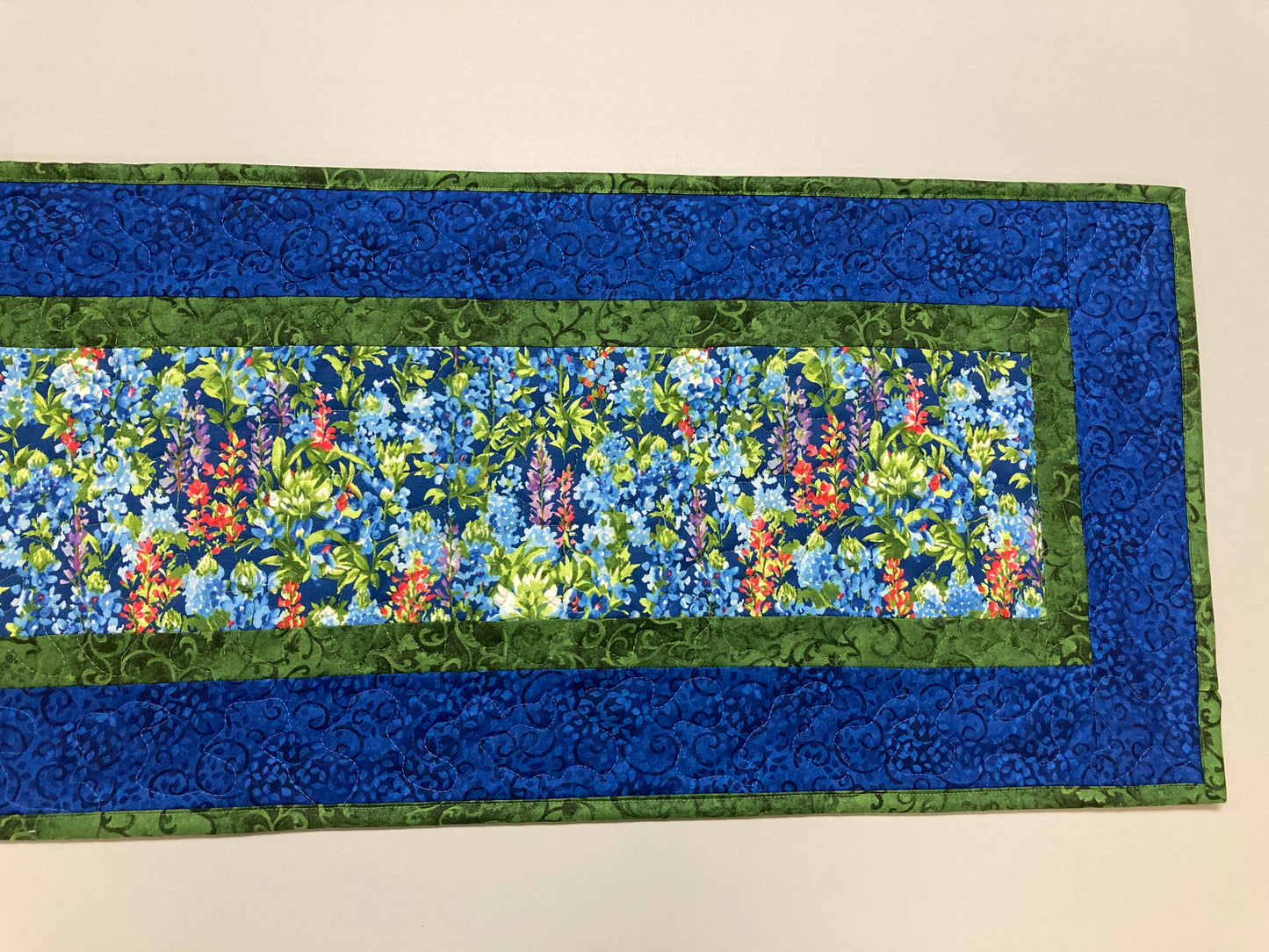 Summer Blue Bonnets Purple Red Wildflowers Quilted Table Runner, 13x48", Dining Room Coffee Table Runner, Garden Floral Everyday Reversible