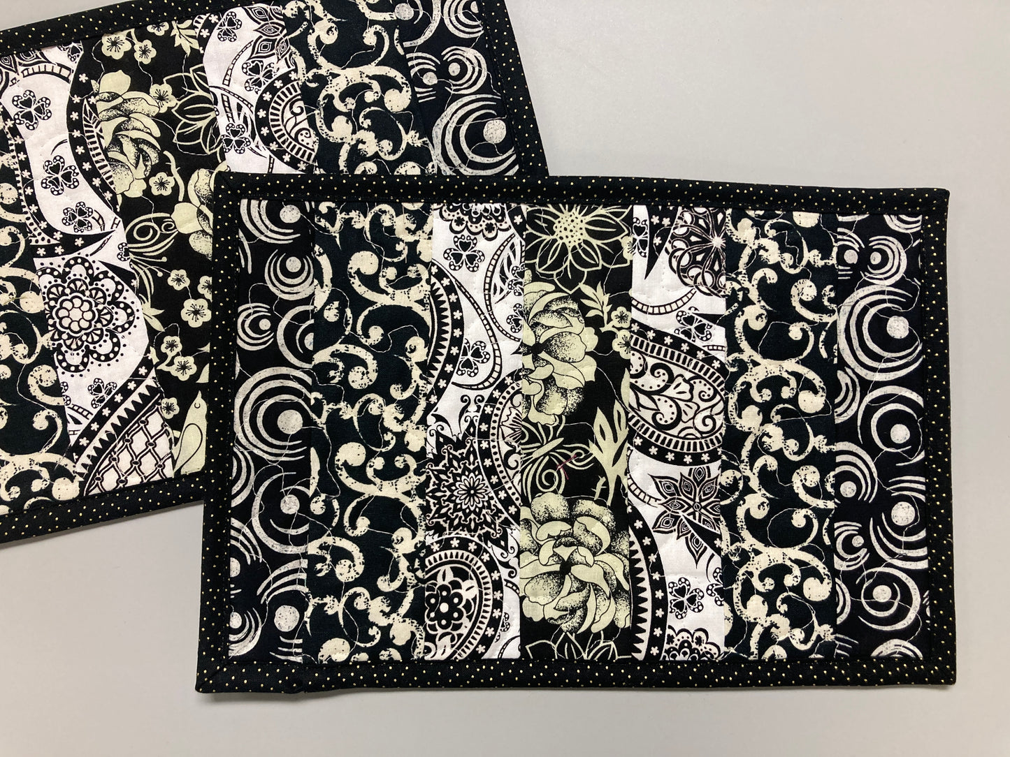 Modern Black White Paisley Abstract Snack Mats Mug Rugs (2) 8x12" Handmade Hot Cold Drinks Food Placemats Minimalist Modern End Table Topper