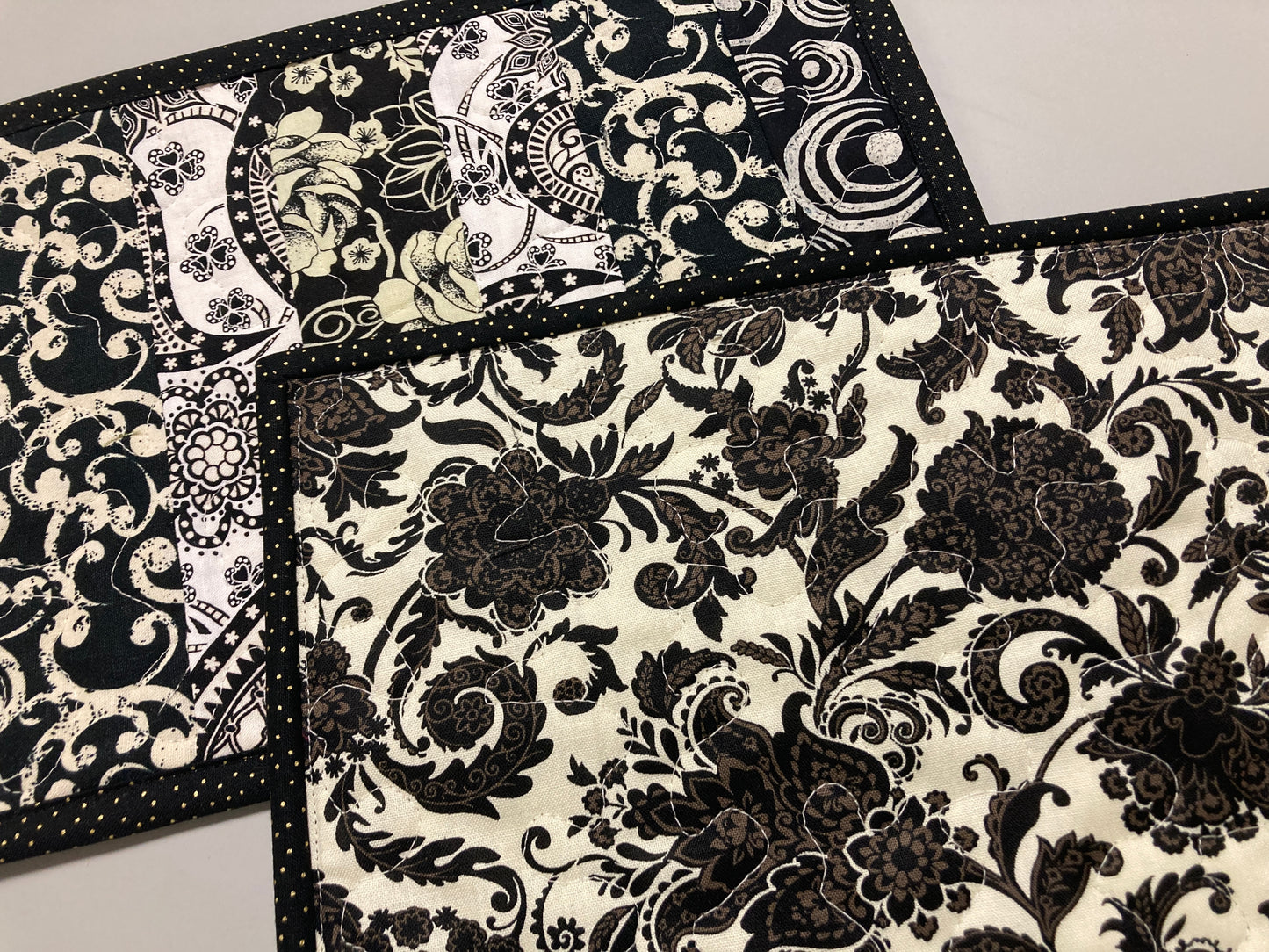 Modern Black White Paisley Abstract Snack Mats Mug Rugs (2) 8x12" Handmade Hot Cold Drinks Food Placemats Minimalist Modern End Table Topper