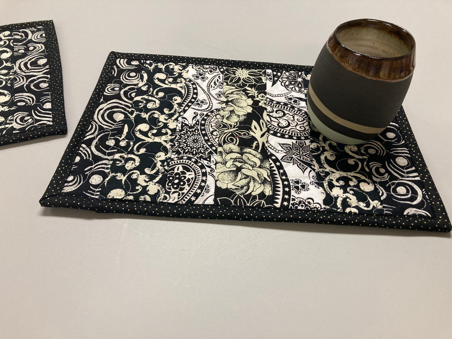 Modern Black White Paisley Abstract Snack Mats Mug Rugs (2) 8x12" Handmade Hot Cold Drinks Food Placemats Minimalist Modern End Table Topper