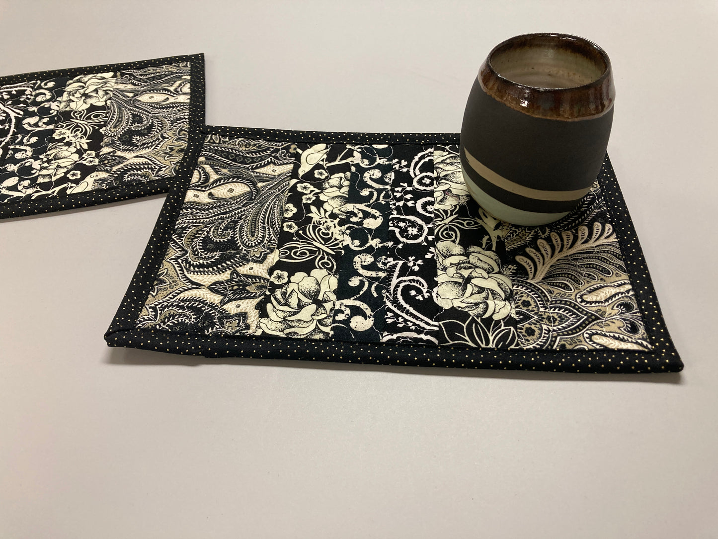 Modern Black White Paisley Abstract Snack Mats Mug Rugs (2) 7x11" Handmade Hot Cold Drinks Food Placemats Minimalist Modern End Table Topper