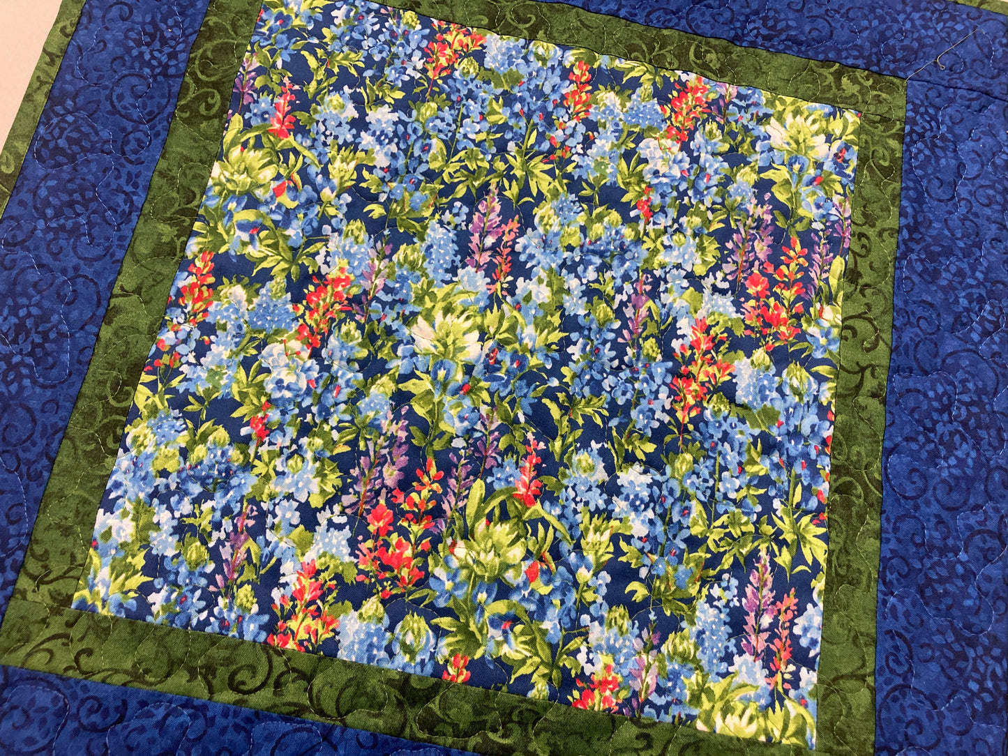 Summer Blue Bonnets Purple Red Wildflowers Quilted Table Topper, 20x20", Dining Room Coffee Table Runner, Garden Floral Everyday Reversible