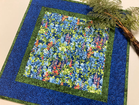 Summer Blue Bonnets Purple Red Wildflowers Quilted Table Topper, 20x20", Dining Room Coffee Table Runner, Garden Floral Everyday Reversible