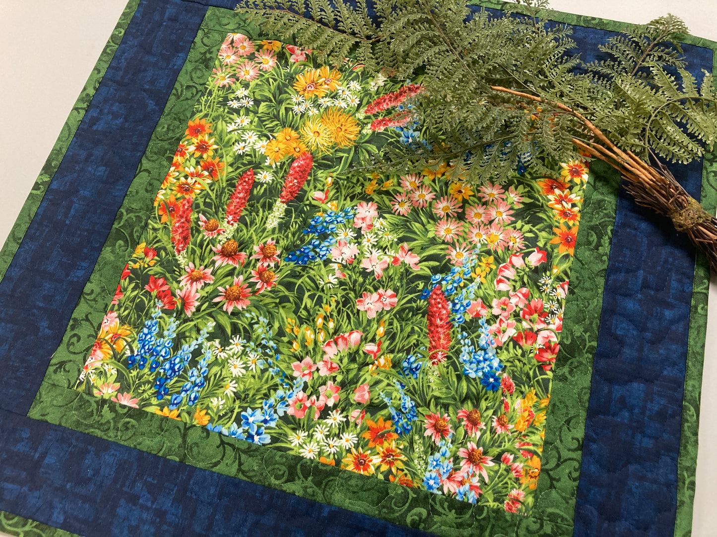 Summer Wildflowers Quilted Table Topper, Reversible Table Mat, 20x20" Coffee Table End Table Nightstand, Large Square Spring Decor Handmade