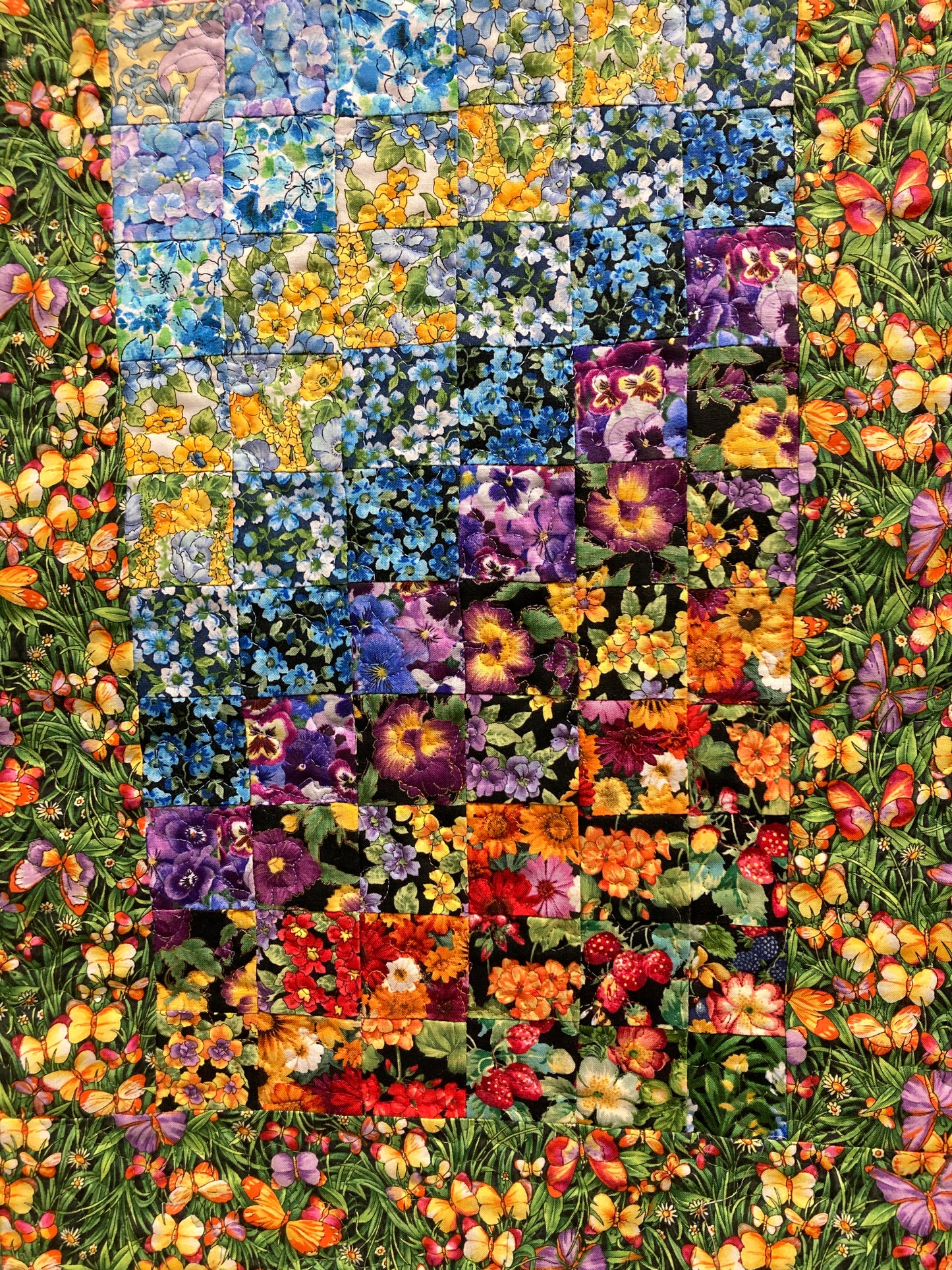 Art Quilt, Summer Flowers Sunny Garden Fabric Wall Hanging 15x34” Bedroom Living Room, Textile Watercolor Tapestry, Vertical Quilted