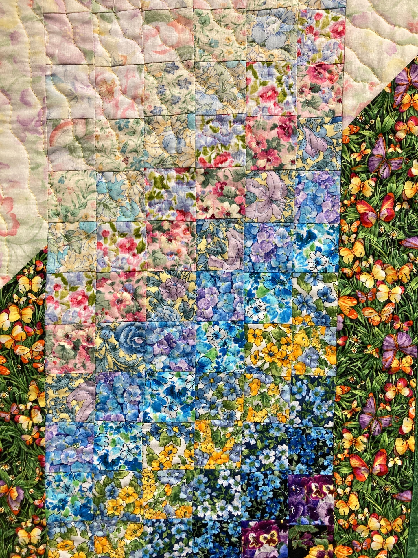 Art Quilt, Summer Flowers Sunny Garden Fabric Wall Hanging 15x34” Bedroom Living Room, Textile Watercolor Tapestry, Vertical Quilted