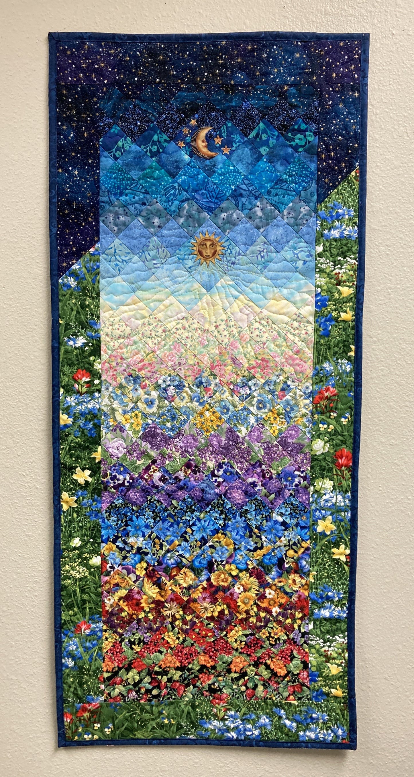 Art Quilt, Sunshine Garden Sun Moon Fabric Quilted Wall Hanging Celestial Tapestry 42x18" Whimsical Long Vertical Original Artwork Handmade