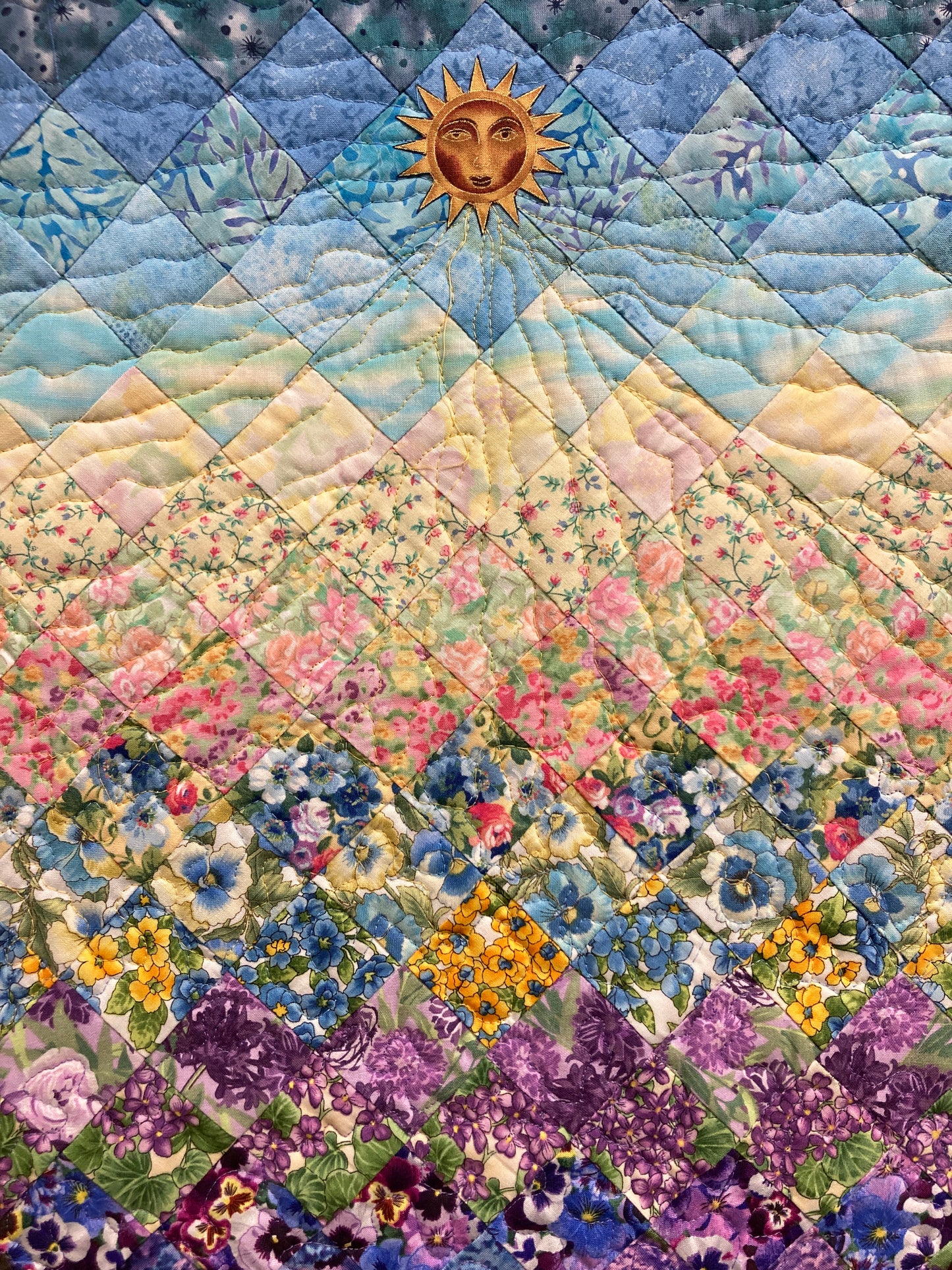 Art Quilt, Sunshine Garden Sun Moon Fabric Quilted Wall Hanging Celestial Tapestry 42x18" Whimsical Long Vertical Original Artwork Handmade