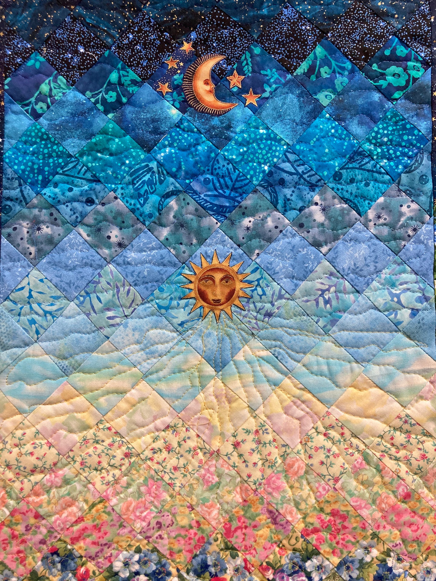 Art Quilt, Sunshine Garden Sun Moon Fabric Quilted Wall Hanging Celestial Tapestry 42x18" Whimsical Long Vertical Original Artwork Handmade