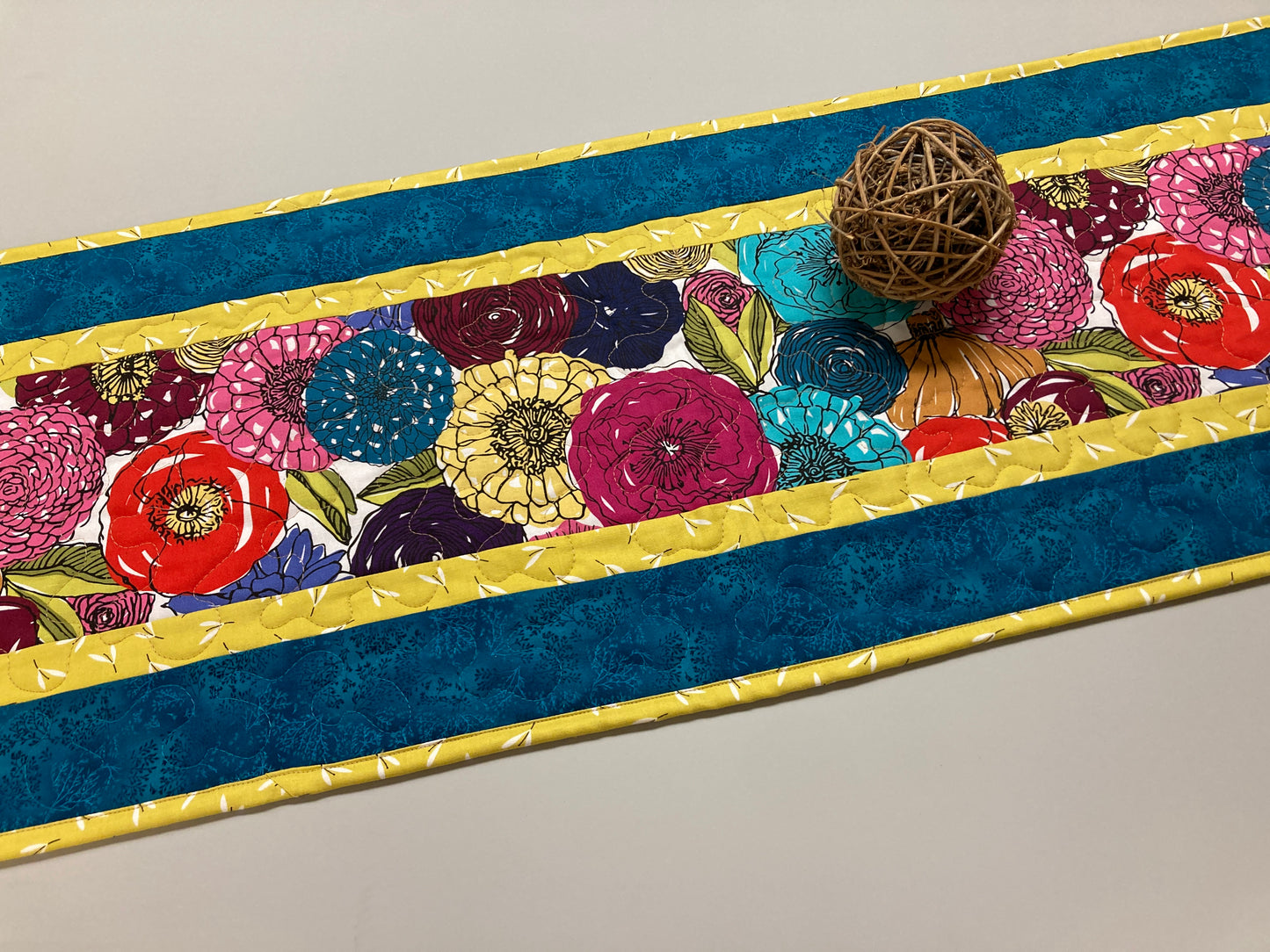 Big Bright Retro Flowers Quilted Dining or Coffee Table Runner, Reversible 13x48" Abstract Garden Red Blue Mustard Plum, Maximalist Handmade