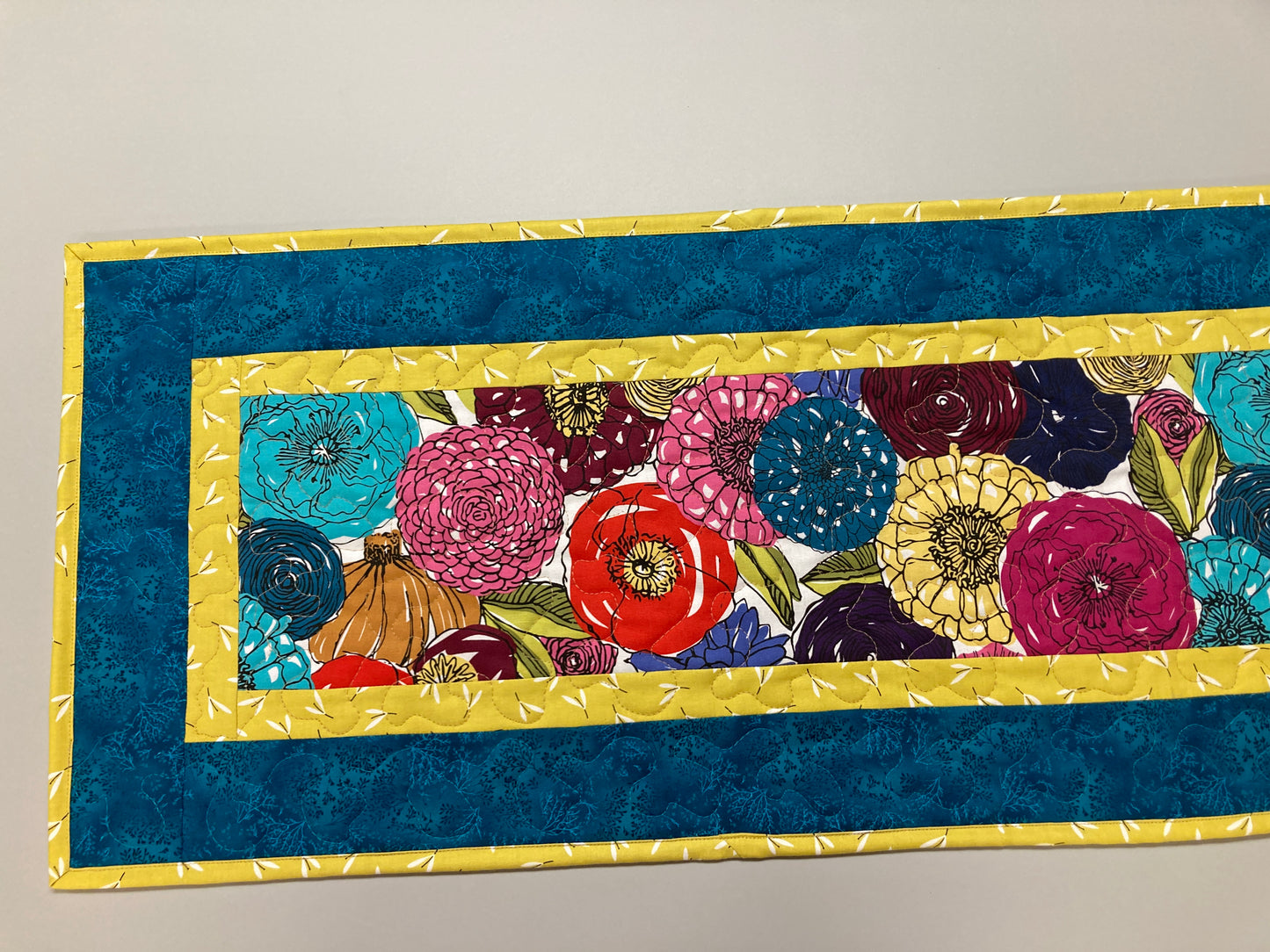 Big Bright Retro Flowers Quilted Dining or Coffee Table Runner, Reversible 13x48" Abstract Garden Red Blue Mustard Plum, Maximalist Handmade