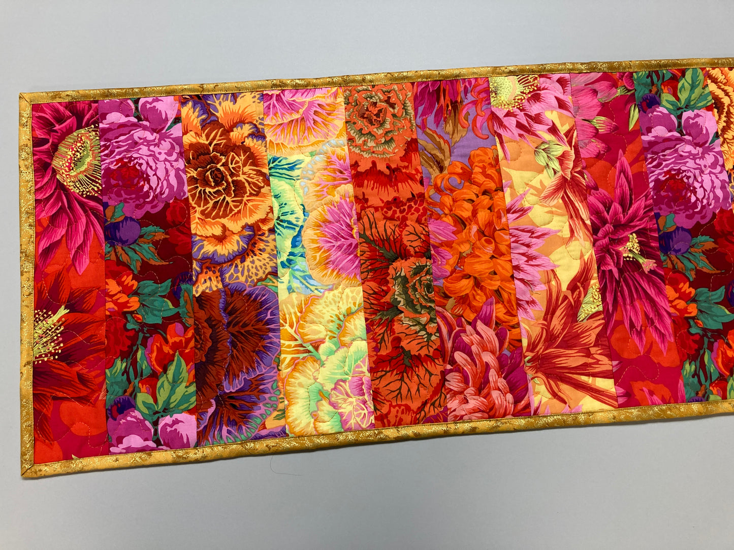 Kaffe Fassett Bright Yellow Pink Orange Red Quilted Table Runner Summer, Reversible Spring 13x52”, Dining Room Coffee Table Boho Hippy Bold