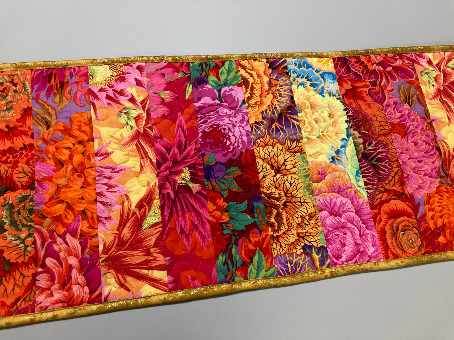 Kaffe Fassett Bright Yellow Pink Orange Red Quilted Table Runner Summer, Reversible Spring 13x52”, Dining Room Coffee Table Boho Hippy Bold