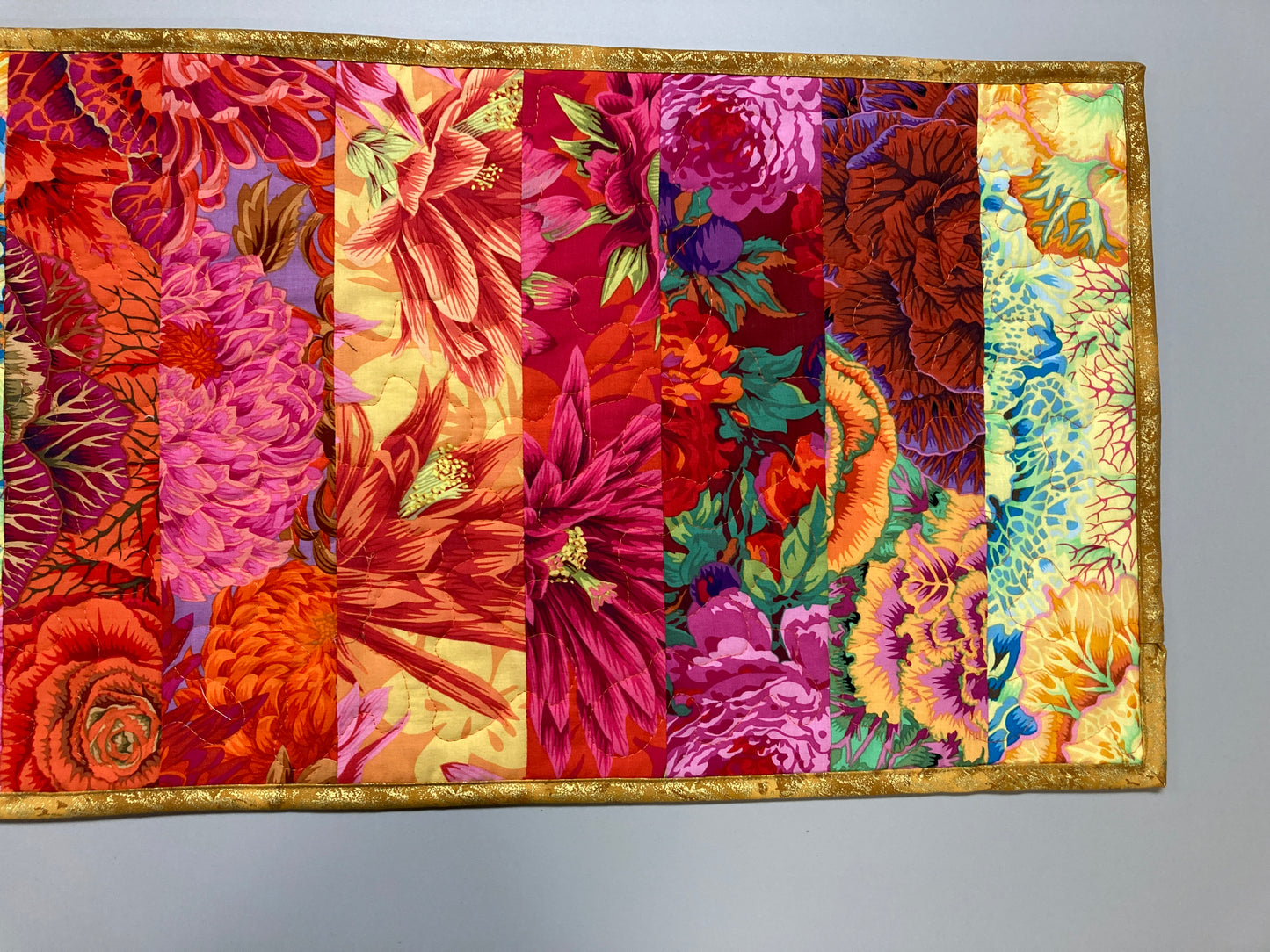 Kaffe Fassett Bright Yellow Pink Orange Red Quilted Table Runner Summer, Reversible Spring 13x52”, Dining Room Coffee Table Boho Hippy Bold