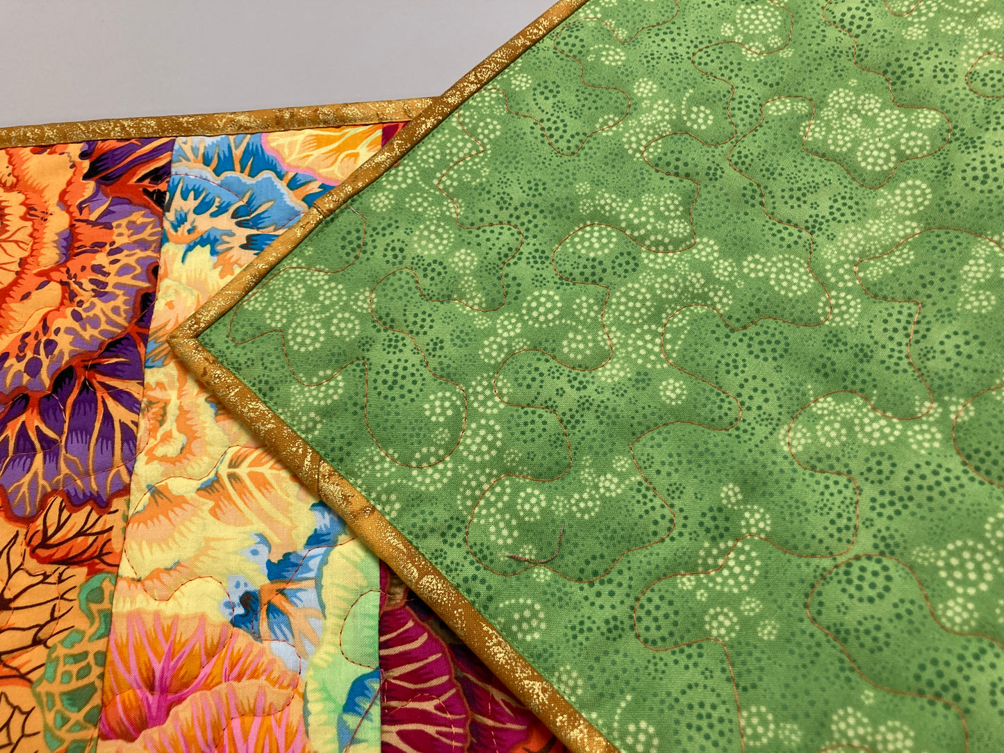 Kaffe Fassett Bright Yellow Pink Orange Red Quilted Table Runner Summer, Reversible Spring 13x52”, Dining Room Coffee Table Boho Hippy Bold