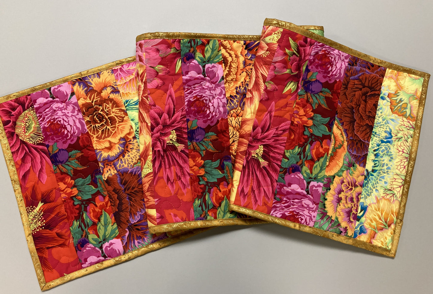 Kaffe Fassett Bright Yellow Pink Orange Red Quilted Table Runner Summer, Reversible Spring 13x52”, Dining Room Coffee Table Boho Hippy Bold