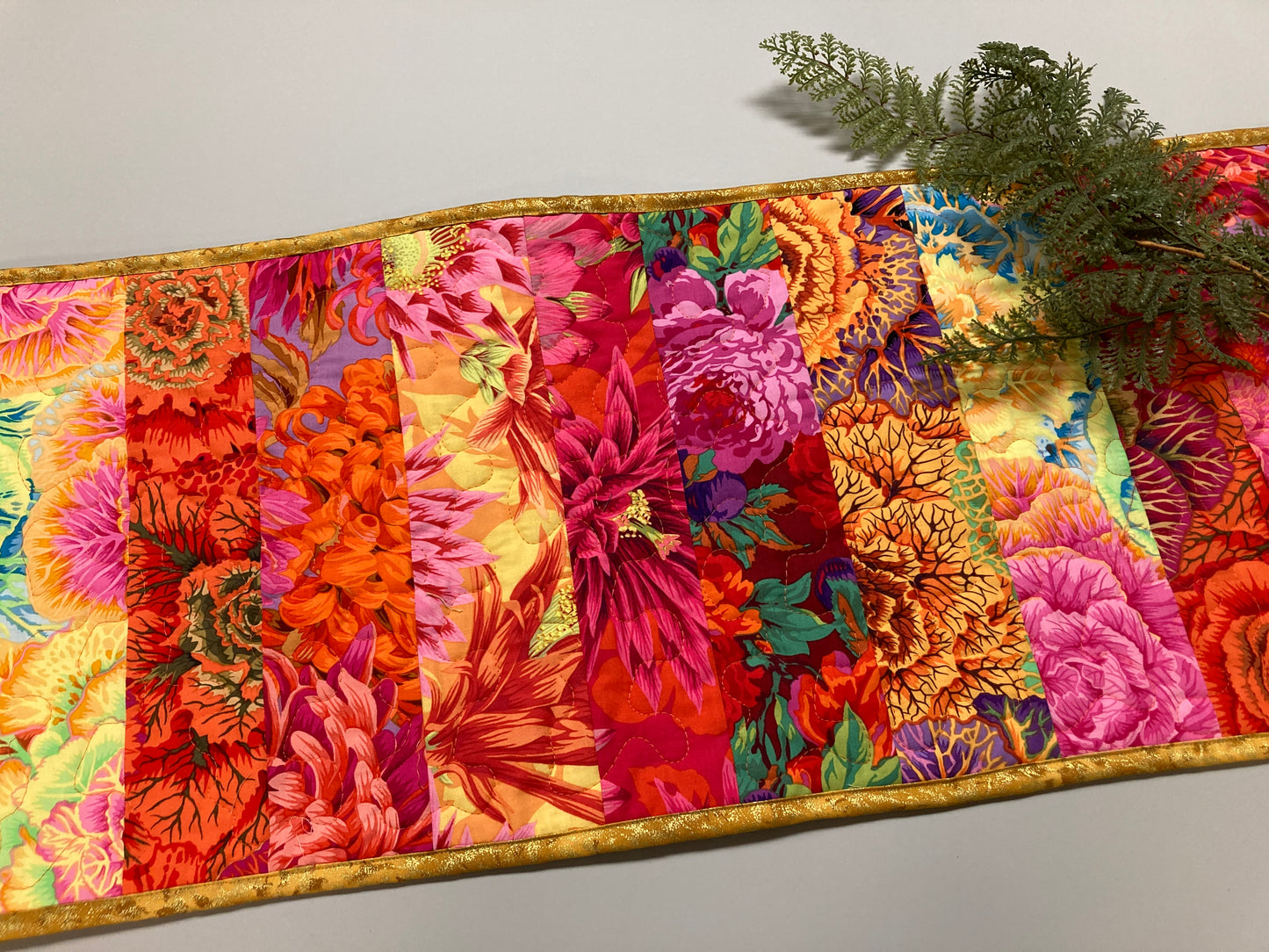Kaffe Fassett Bright Yellow Pink Orange Red Quilted Table Runner Summer, Reversible Spring 13x52”, Dining Room Coffee Table Boho Hippy Bold