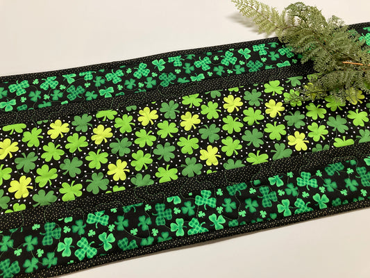 Shamrocks St Patrick's Day Quilted Table Runner, 13x48" Reversible Spring Summer Flowers, Coffee End Table Dining Table St. Paddys Day